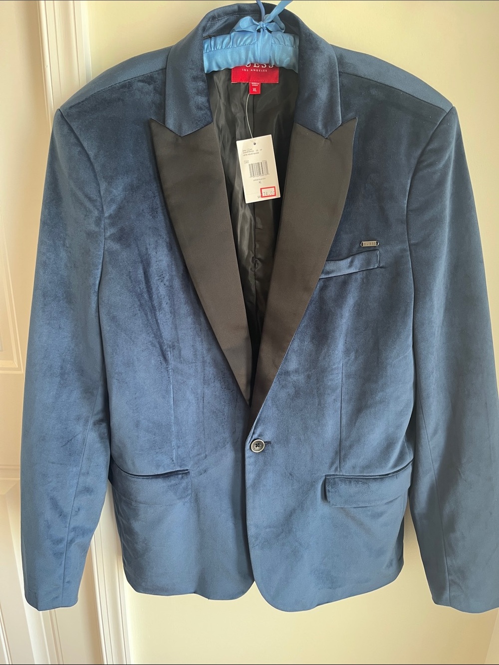 Guess Men's Blue Velvet Tuxedo Jacket with Black Satin Lapel